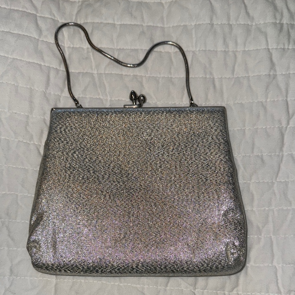 Silver Metallic Clutch Bag with Classic Frame Closure
